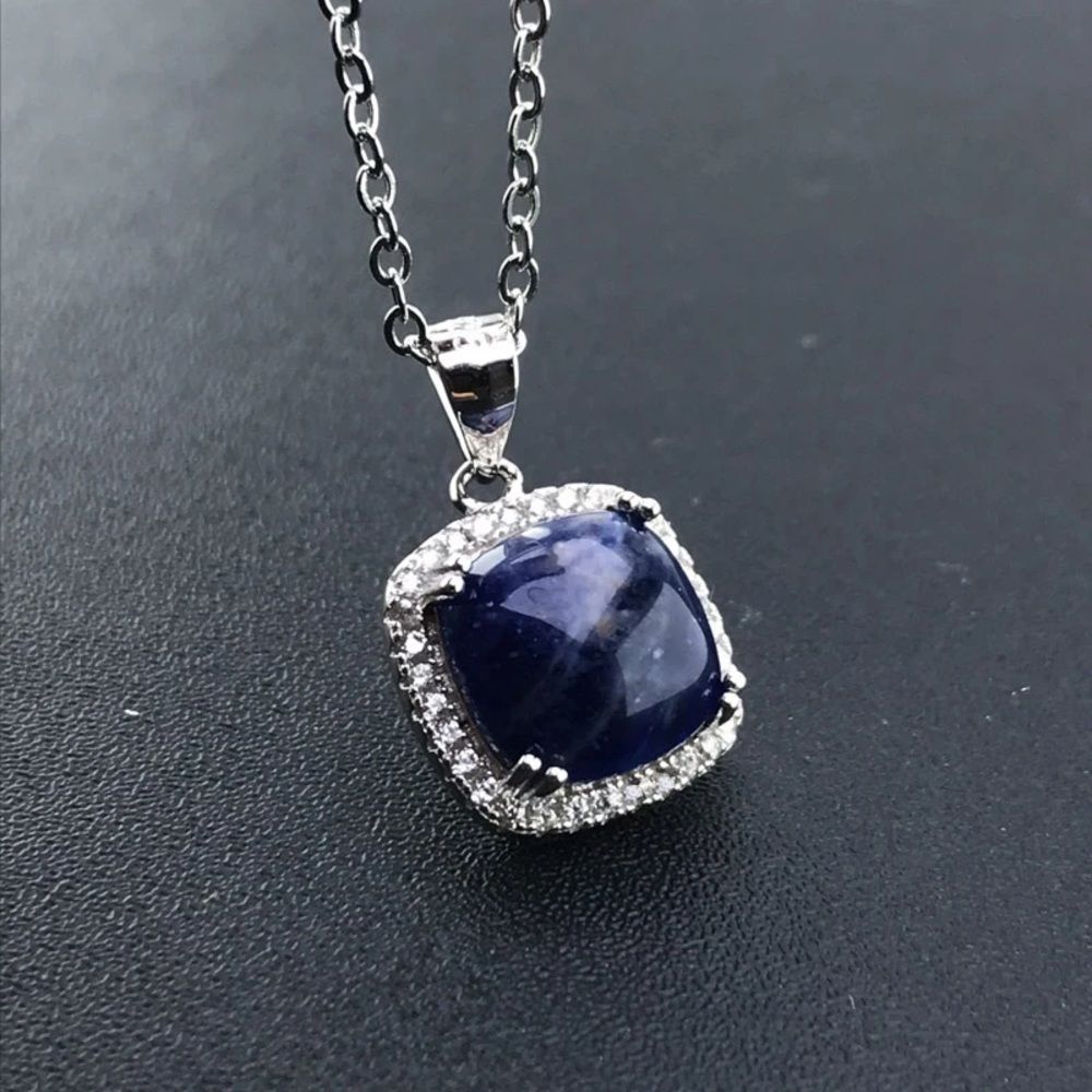 💙 Cushion Cut Blue Sapphire Cz Diamond Halo Necklace - Picture 10 of 14